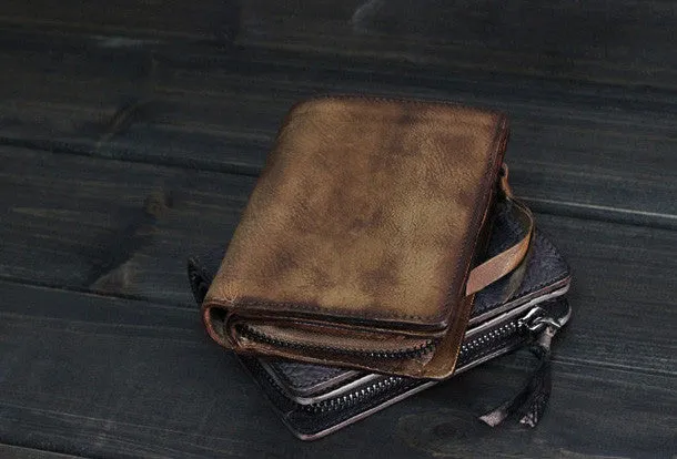 Handmade Men billfold leather wallet men vintage brown gray wallet for him
