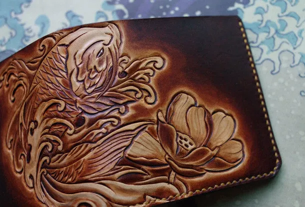 Handmade men wallet vintage flower&Cryprinus carpiod leather billfold wallet for women/men