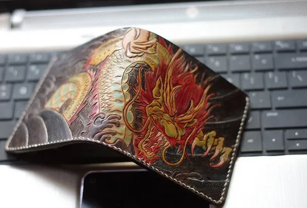 Handmade men wallet vintage hand carved Azure Dragon leather billfold wallet for men
