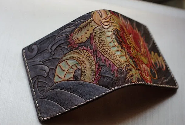 Handmade men wallet vintage hand carved Azure Dragon leather billfold wallet for men
