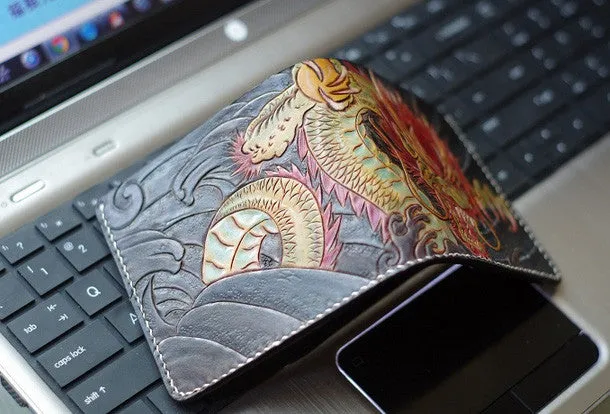 Handmade men wallet vintage hand carved Azure Dragon leather billfold wallet for men