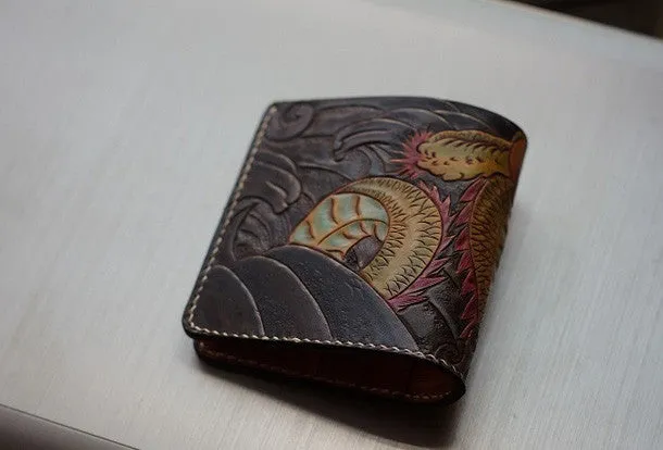 Handmade men wallet vintage hand carved Azure Dragon leather billfold wallet for men