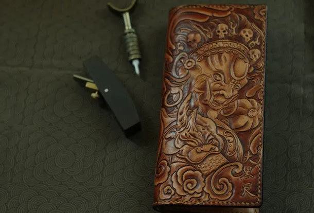 Handmade men wallet vintage hand painting god of law leather biker wallet for men