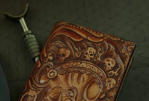 Handmade men wallet vintage hand painting god of law leather biker wallet for men