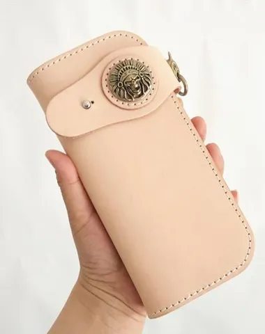 Handmade Mens Leather Biker Chain Wallets Cool Beige Long Biker Wallet with Chain