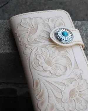 Handmade Mens Tooled Floral Leather Long Chain Wallet Cool Biker Wallet with Chain