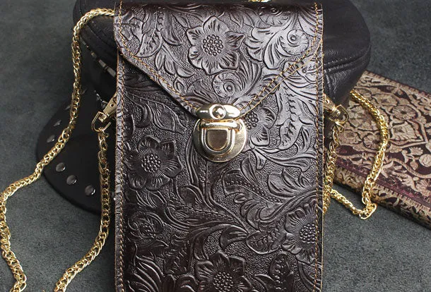 Handmade phone leather shoulder purse bag wallet flowral leather billfold wallet for men women