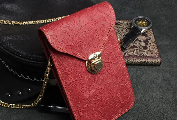 Handmade phone leather shoulder purse bag wallet flowral leather billfold wallet for men women