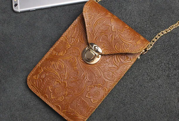 Handmade phone leather shoulder purse bag wallet flowral leather billfold wallet for men women