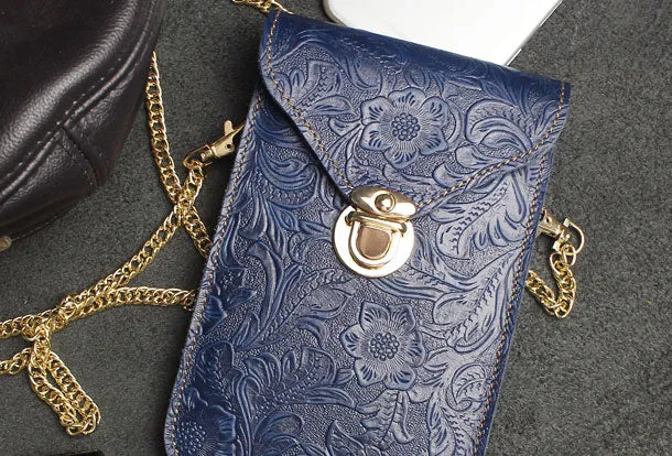 Handmade phone leather shoulder purse bag wallet flowral leather billfold wallet for men women