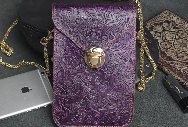 Handmade phone leather shoulder purse bag wallet flowral leather billfold wallet for men women