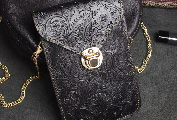 Handmade phone leather shoulder purse bag wallet flowral leather billfold wallet for men women