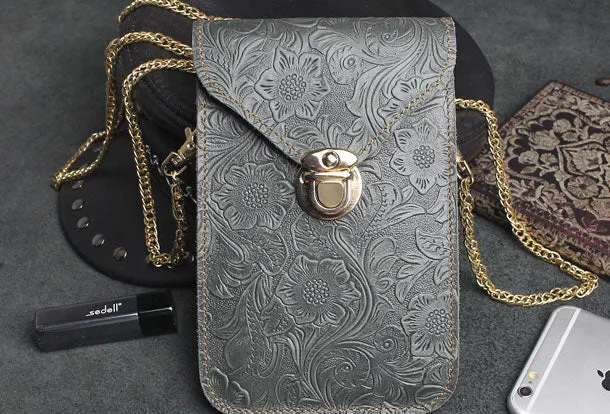 Handmade phone leather shoulder purse bag wallet flowral leather billfold wallet for men women