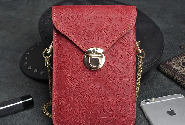 Handmade phone leather shoulder purse bag wallet flowral leather billfold wallet for men women