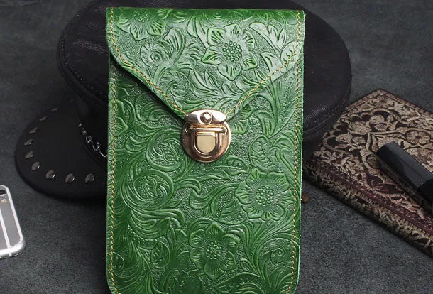 Handmade phone leather shoulder purse bag wallet flowral leather billfold wallet for men women