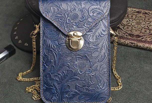 Handmade phone leather shoulder purse bag wallet flowral leather billfold wallet for men women
