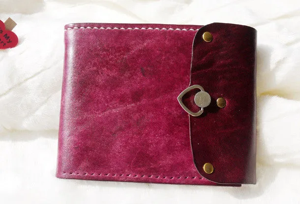 Handmade pink vintage leather billfold ID card photo holder bifold wallet for women girl
