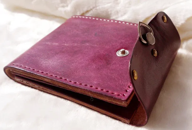 Handmade pink vintage leather billfold ID card photo holder bifold wallet for women girl
