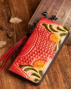 Handmade Red Leather Wristlet Wallet Womens Floral Zip Around Wallets Flowers Ladies Zipper Clutch Wallet for Women