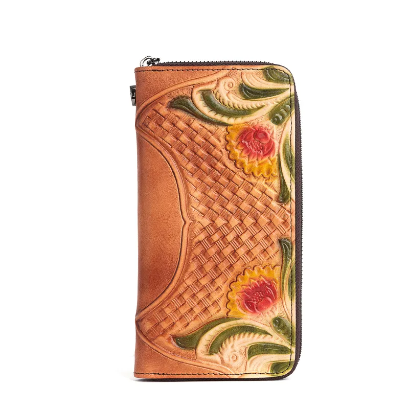 Handmade Red Leather Wristlet Wallet Womens Floral Zip Around Wallets Flowers Ladies Zipper Clutch Wallet for Women
