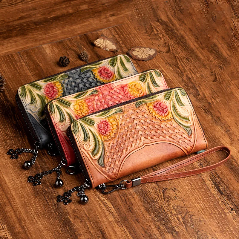 Handmade Red Leather Wristlet Wallet Womens Floral Zip Around Wallets Flowers Ladies Zipper Clutch Wallet for Women