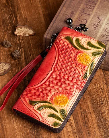 Handmade Red Leather Wristlet Wallet Womens Floral Zip Around Wallets Flowers Ladies Zipper Clutch Wallet for Women