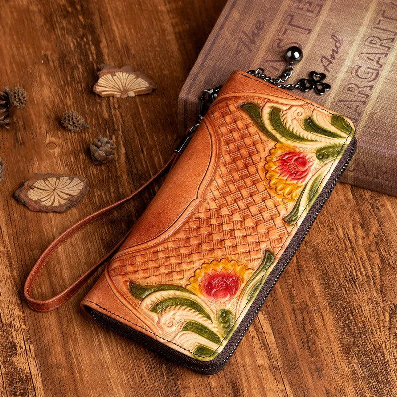 Handmade Red Leather Wristlet Wallet Womens Floral Zip Around Wallets Flowers Ladies Zipper Clutch Wallet for Women