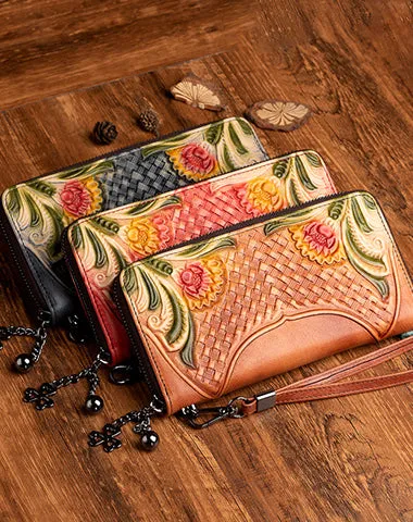 Handmade Red Leather Wristlet Wallet Womens Floral Zip Around Wallets Flowers Ladies Zipper Clutch Wallet for Women