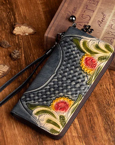 Handmade Red Leather Wristlet Wallet Womens Floral Zip Around Wallets Flowers Ladies Zipper Clutch Wallet for Women
