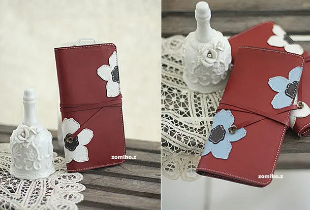 Handmade red vintage sweet cute flower leather long bifold wallet for women/lady