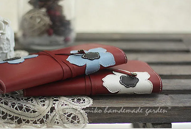 Handmade red vintage sweet cute flower leather long bifold wallet for women/lady