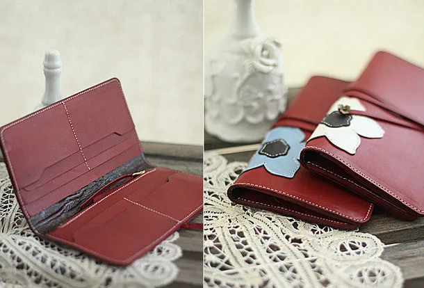 Handmade red vintage sweet cute flower leather long bifold wallet for women/lady