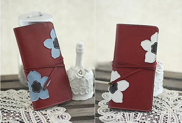 Handmade red vintage sweet cute flower leather long bifold wallet for women/lady