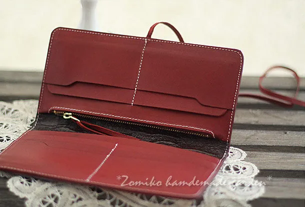 Handmade red vintage sweet cute flower leather long bifold wallet for women/lady