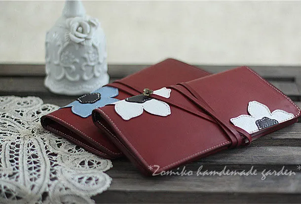 Handmade red vintage sweet cute flower leather long bifold wallet for women/lady