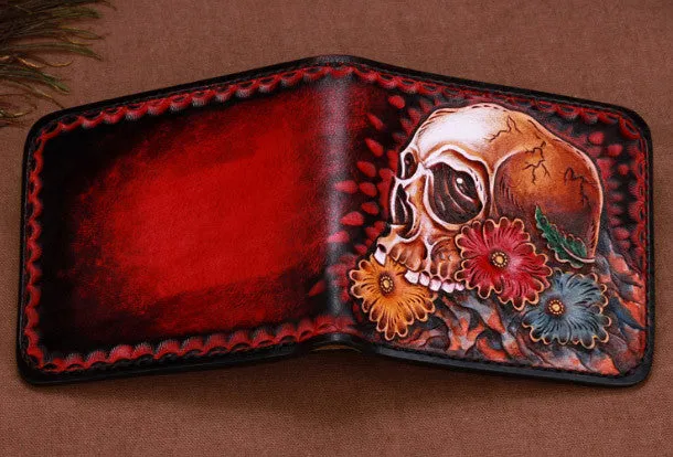 Handmade skull small leather wallet men tooled carved billfold wallet for him