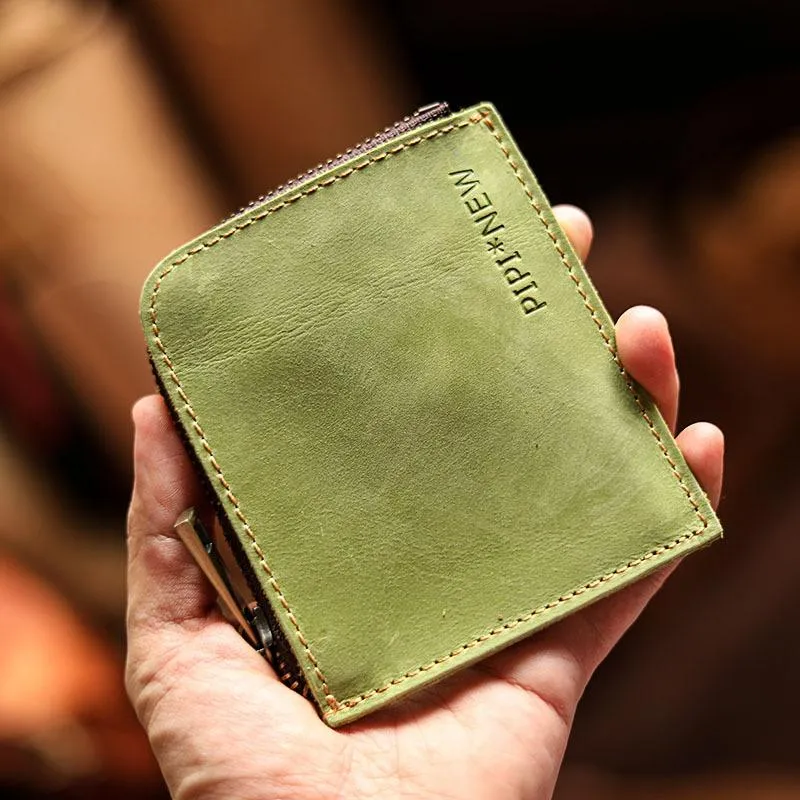 Handmade Slim Black Leather Mens billfold Wallet Zipper Small Wallet Front Pocket Wallet For Men