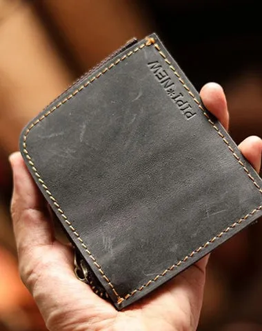 Handmade Slim Black Leather Mens billfold Wallet Zipper Small Wallet Front Pocket Wallet For Men
