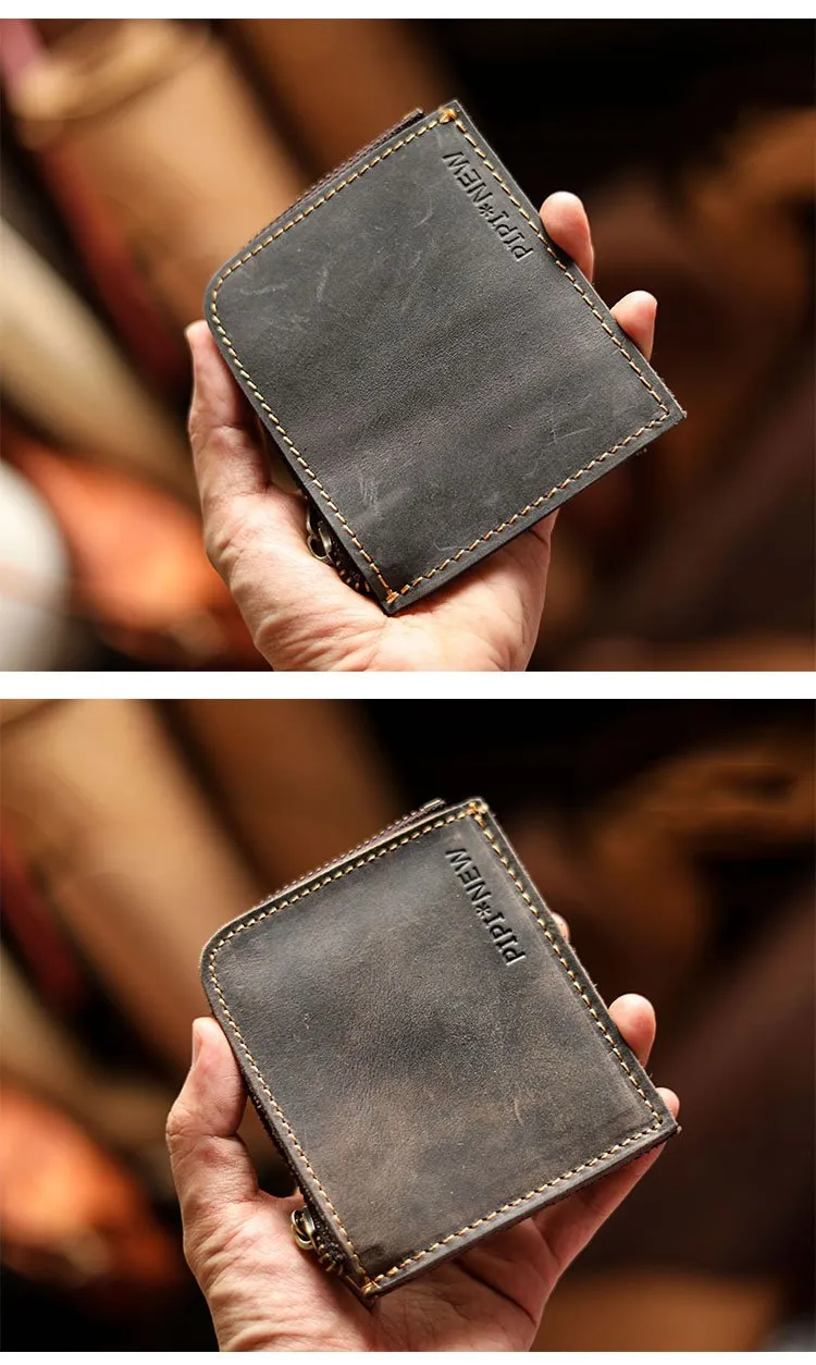 Handmade Slim Black Leather Mens billfold Wallet Zipper Small Wallet Front Pocket Wallet For Men