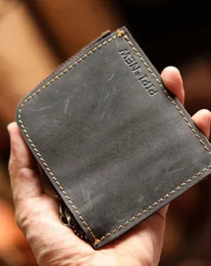 Handmade Slim Black Leather Mens billfold Wallet Zipper Small Wallet Front Pocket Wallet For Men