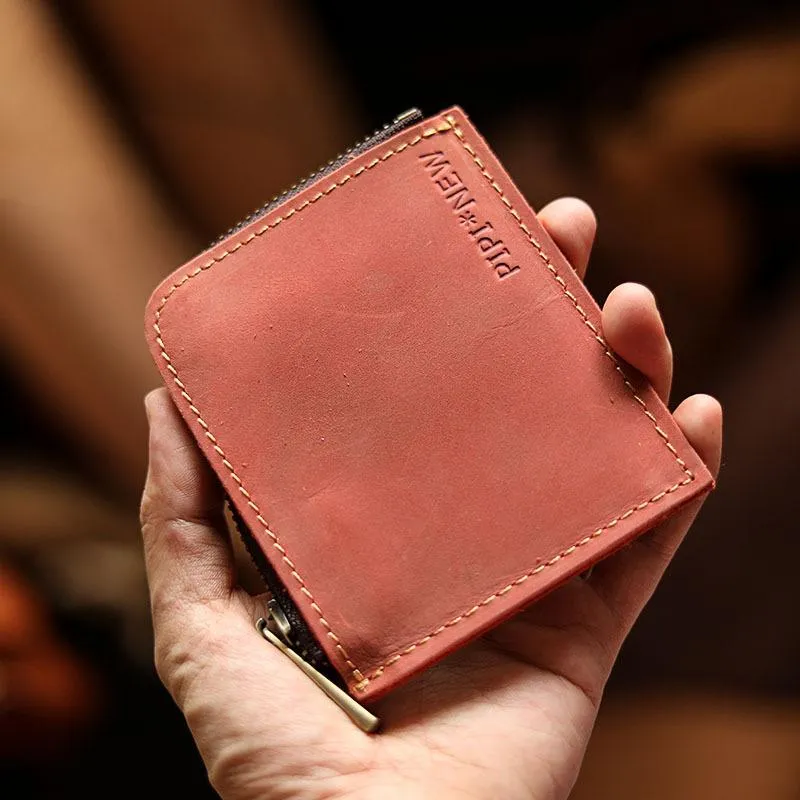 Handmade Slim Black Leather Mens billfold Wallet Zipper Small Wallet Front Pocket Wallet For Men