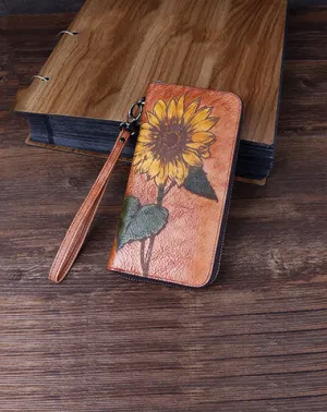 Handmade Sunflower Brown Leather Wristlet Wallet Womens Zip Around Wallets Sunflower Ladies Zipper Clutch Wallet for Women