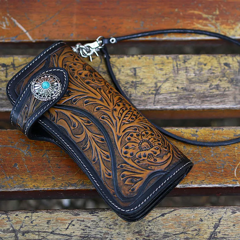 Handmade Tan Tooled Leather Biker Chain Wallet Floral Mens Long Wallet with Chain for Men