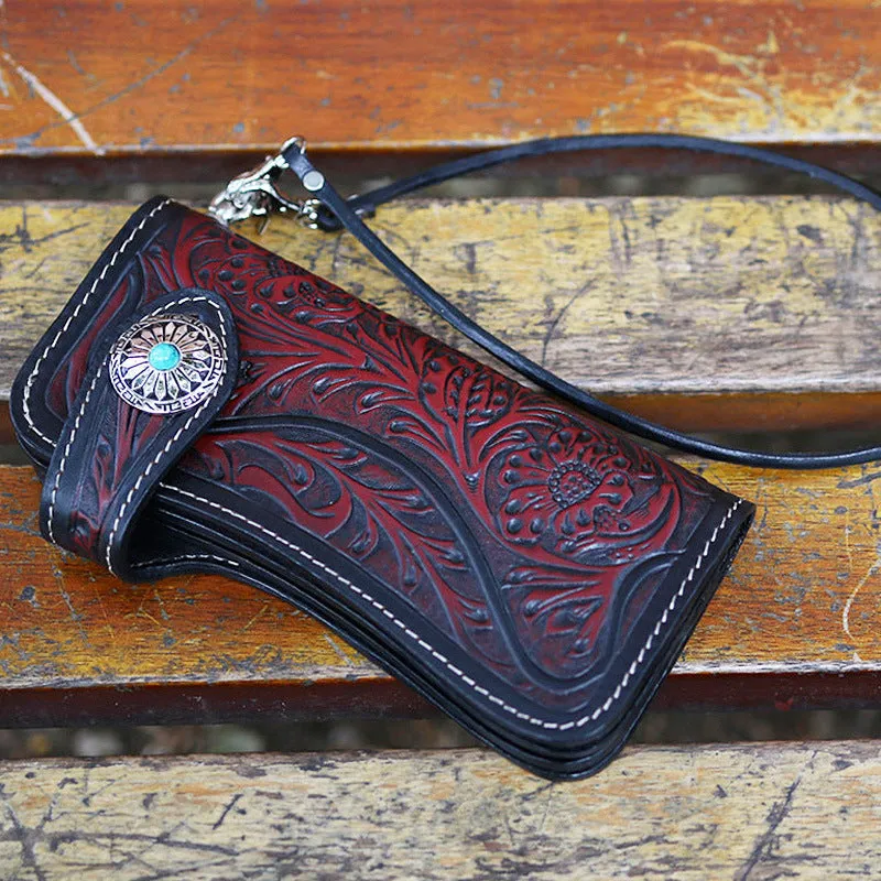 Handmade Tan Tooled Leather Biker Chain Wallet Floral Mens Long Wallet with Chain for Men