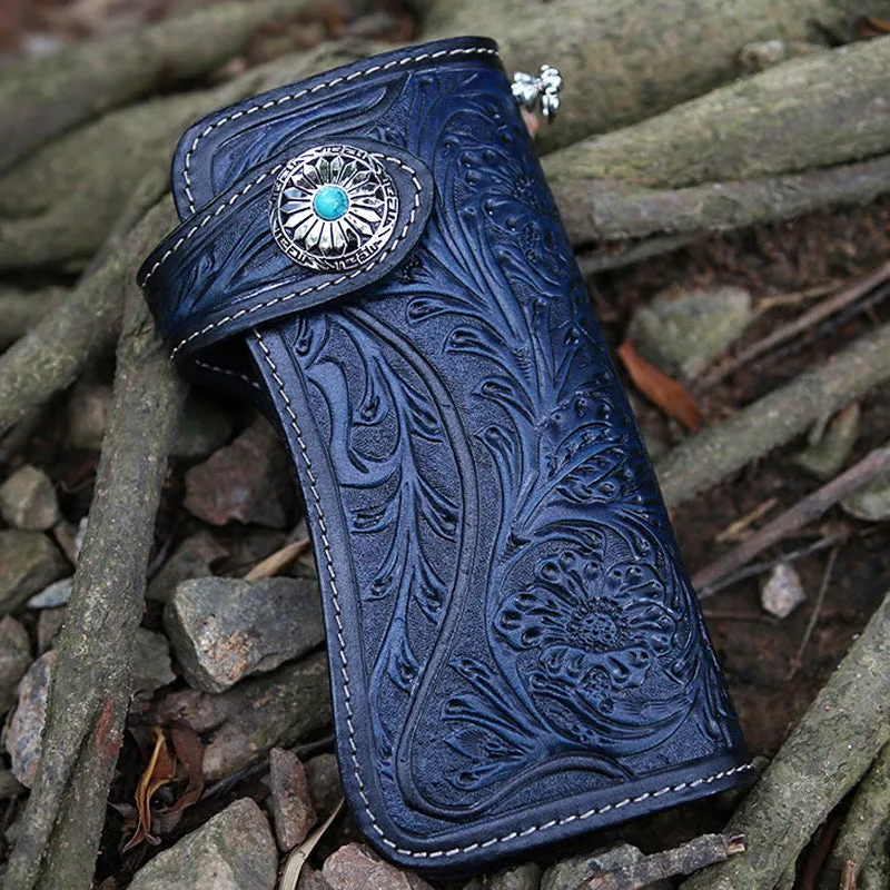 Handmade Tan Tooled Leather Biker Chain Wallet Floral Mens Long Wallet with Chain for Men