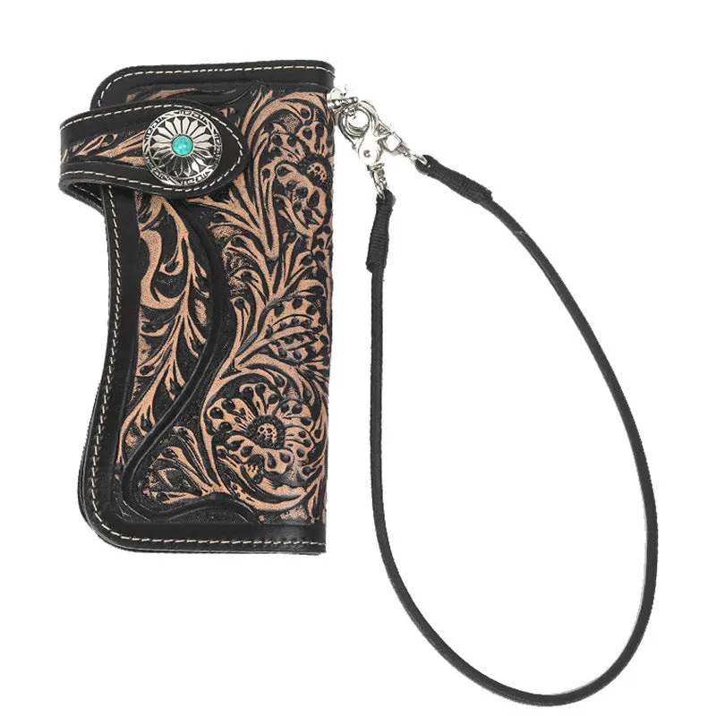 Handmade Tan Tooled Leather Biker Chain Wallet Floral Mens Long Wallet with Chain for Men