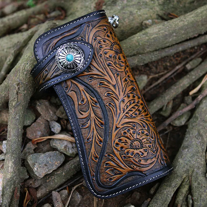 Handmade Tan Tooled Leather Biker Chain Wallet Floral Mens Long Wallet with Chain for Men