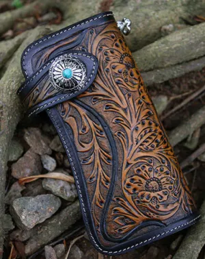 Handmade Tan Tooled Leather Biker Chain Wallet Floral Mens Long Wallet with Chain for Men