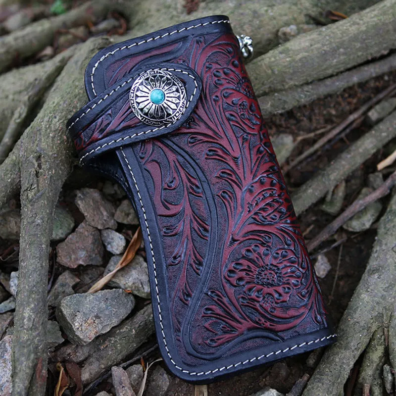 Handmade Tan Tooled Leather Biker Chain Wallet Floral Mens Long Wallet with Chain for Men