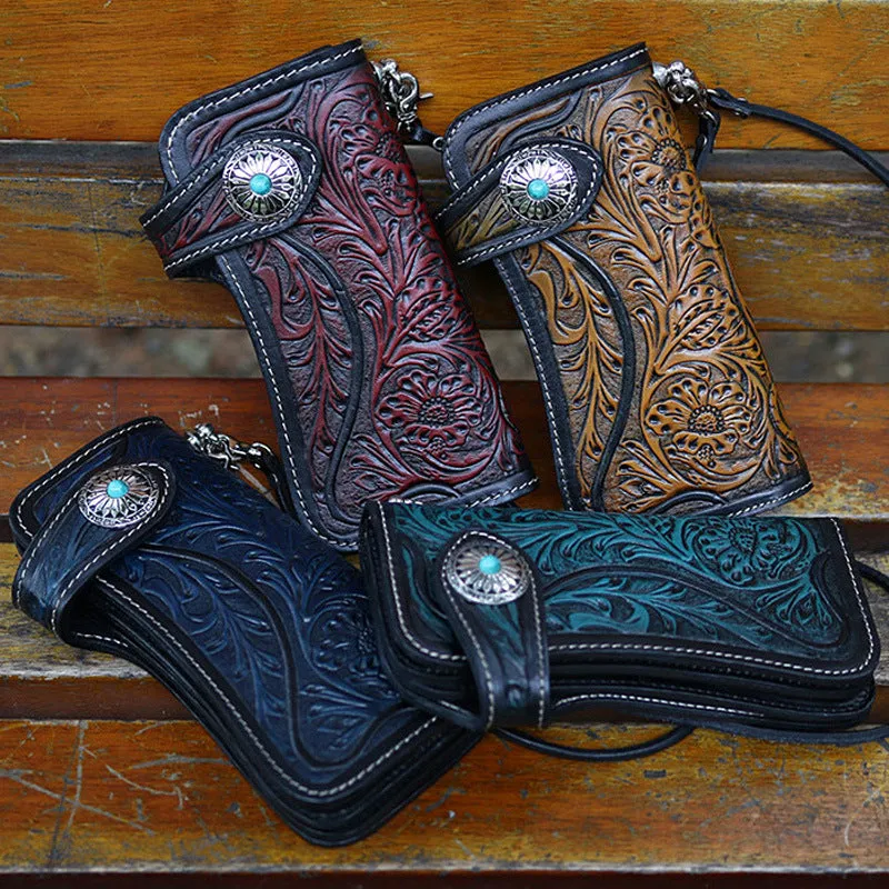 Handmade Tan Tooled Leather Biker Chain Wallet Floral Mens Long Wallet with Chain for Men